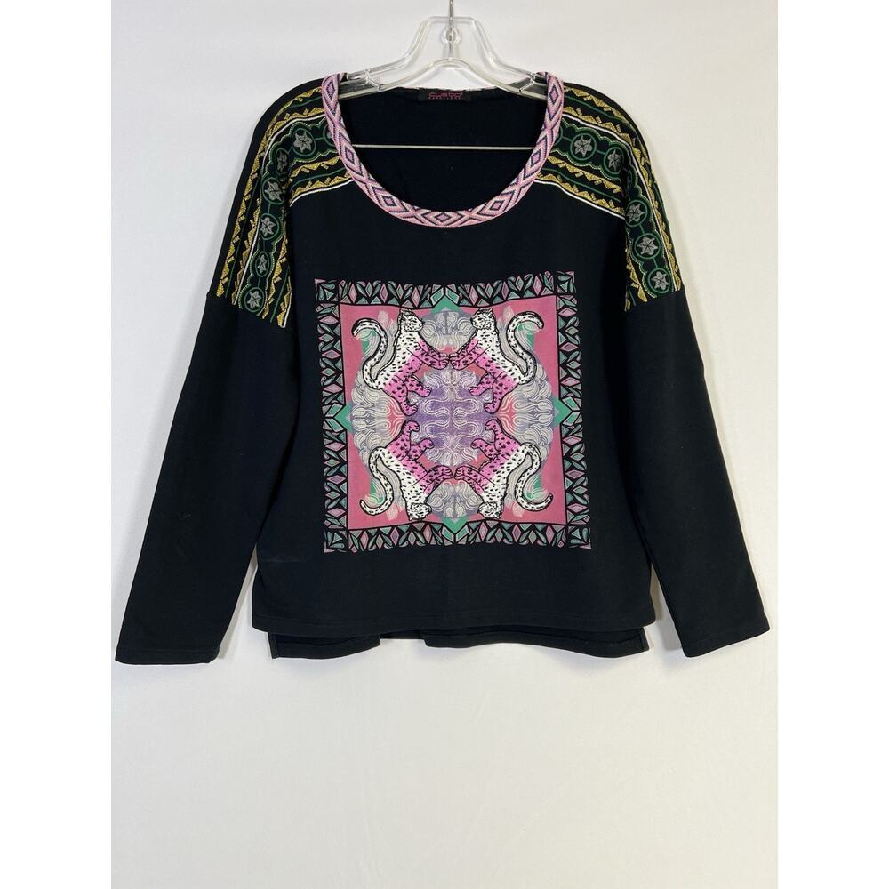 VTG Custo Barcelona Women’s Long Sleeve Top M Black Embroidered Cats